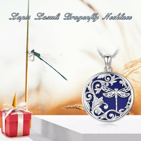 Sterling Silver Dragonfly Necklace with Lapis Lazuli, 18+2in Chain, Gift Box - Picture 6 of 7